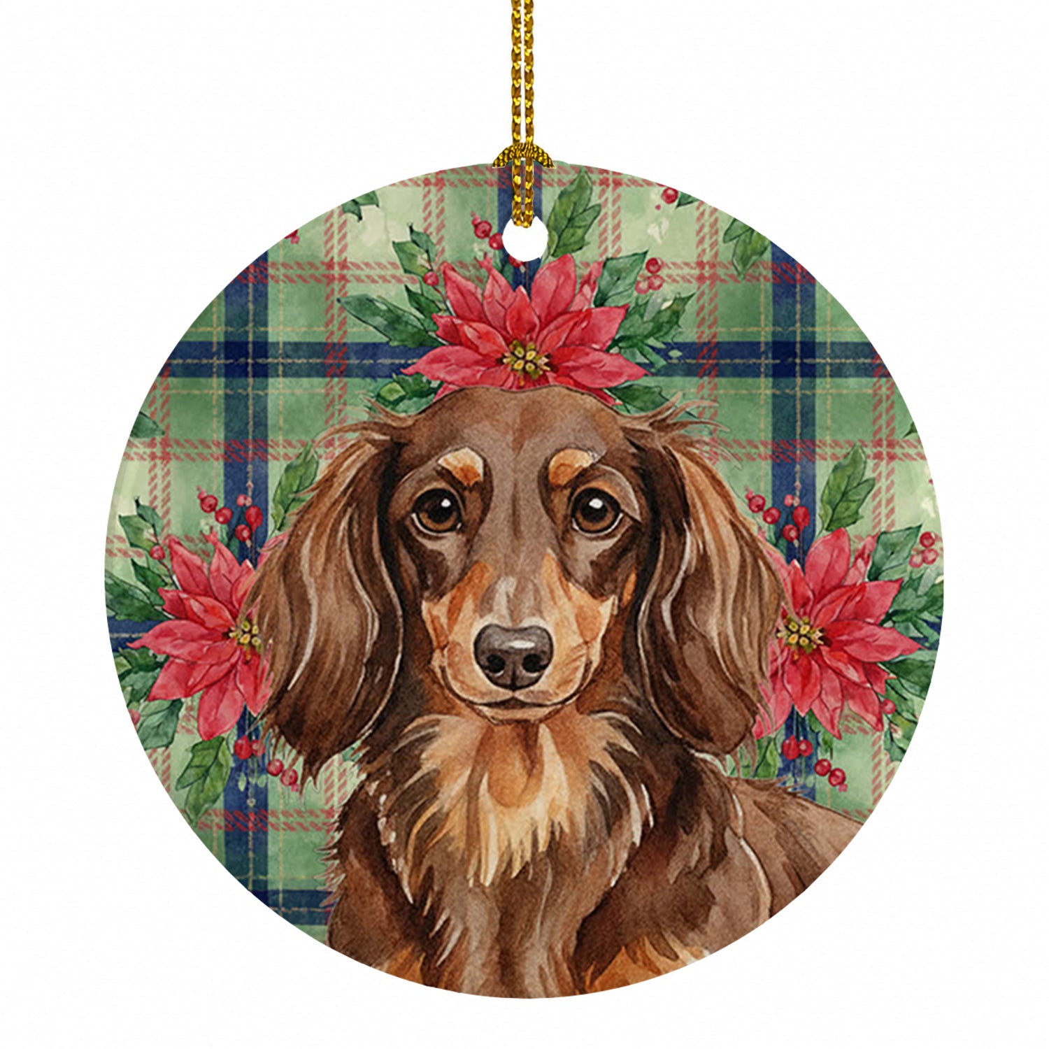 Longhaired Chocolate and Tan Dachshund Christmas PoinsettIas Ceramic Ornament Christmas Tree Hanging Decorations for Home Christmas Holiday, Party, Gift, 3 in, Multicolor
