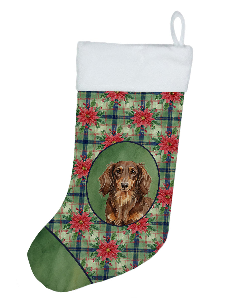 Longhaired Chocolate and Tan Dachshund Christmas PoinsettIas Holiday Stocking Double-Sided Print, Polyester Suede,11x18, Made in USA