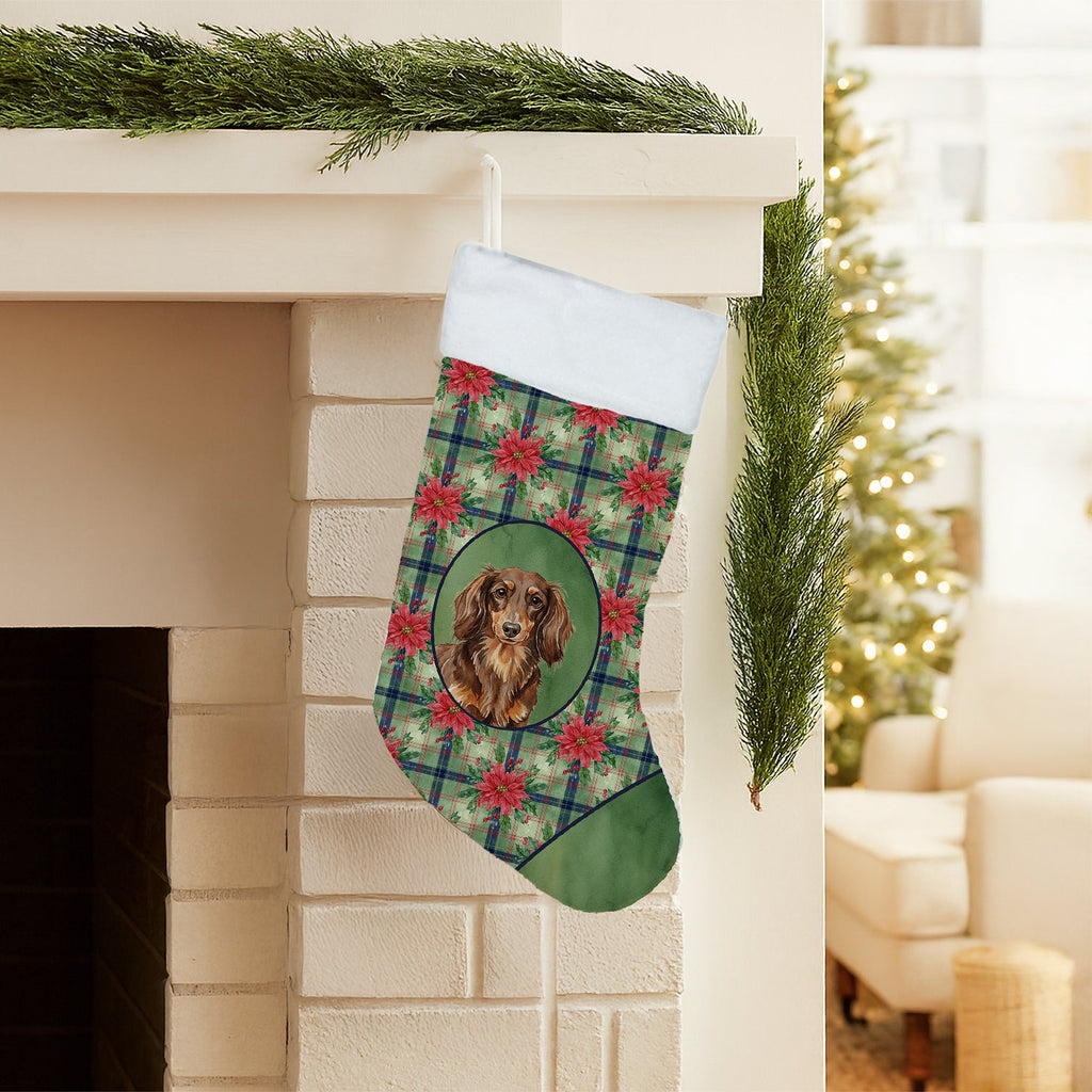 Longhaired Chocolate and Tan Dachshund Christmas PoinsettIas Holiday Stocking Double-Sided Print, Polyester Suede,11x18, Made in USA