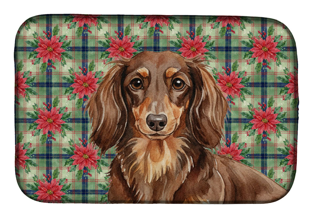 Longhaired Chocolate and Tan Dachshund Christmas PoinsettIas Dish Drying Mat Absorbent Dish Drying Mat Pad for Kitchen Counter Dish Drainer Mat for Countertop, 14 x 21", Multicolor