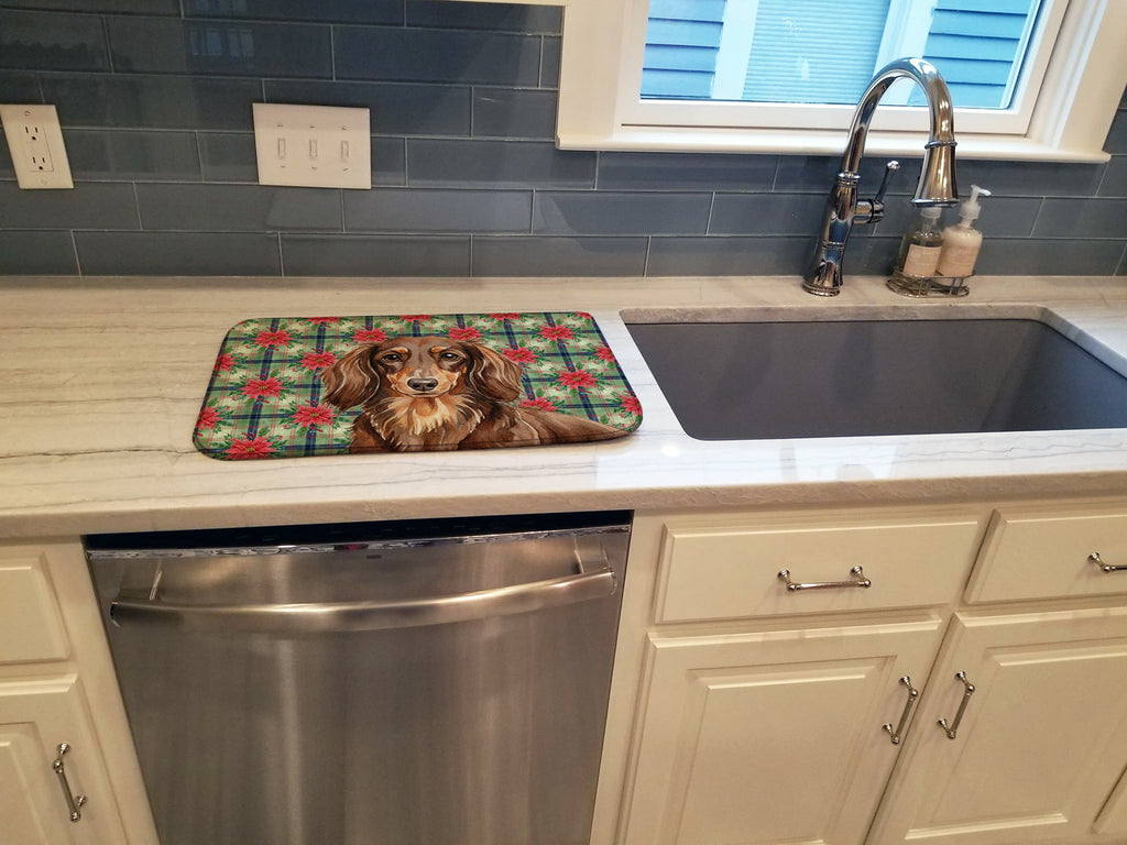 Longhaired Chocolate and Tan Dachshund Christmas PoinsettIas Dish Drying Mat Absorbent Dish Drying Mat Pad for Kitchen Counter Dish Drainer Mat for Countertop, 14 x 21", Multicolor