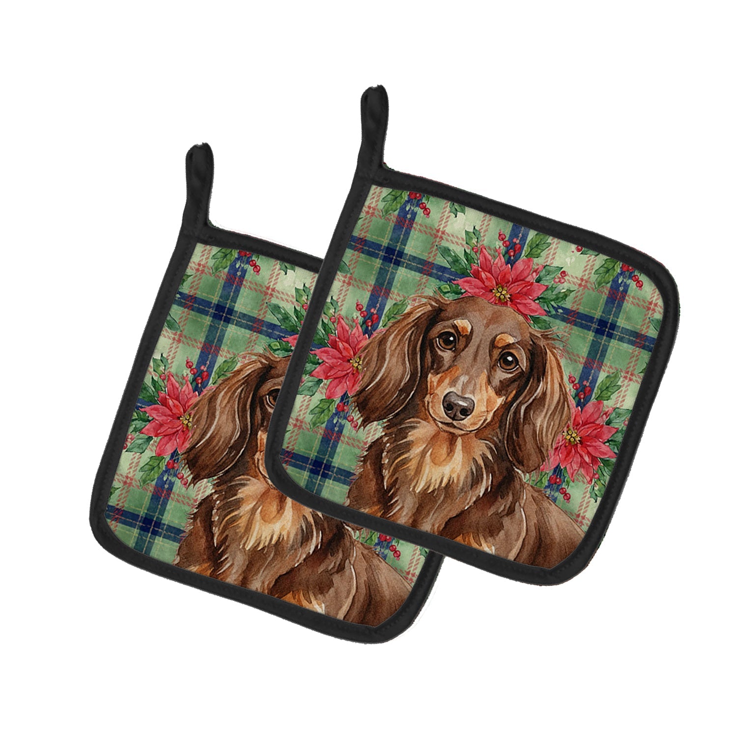 Longhaired Chocolate and Tan Dachshund Christmas PoinsettIas Pot Holder Set of 2 Heat Resistant Quilted Hot Pads 7.5 x 7.5 Inch, Insulated Kitchen Trivets for Cooking & Baking