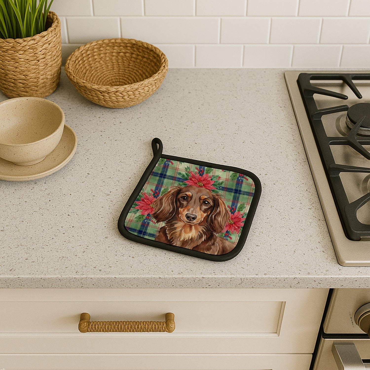 Longhaired Chocolate and Tan Dachshund Christmas PoinsettIas Pot Holder Set of 2 Heat Resistant Quilted Hot Pads 7.5 x 7.5 Inch, Insulated Kitchen Trivets for Cooking & Baking