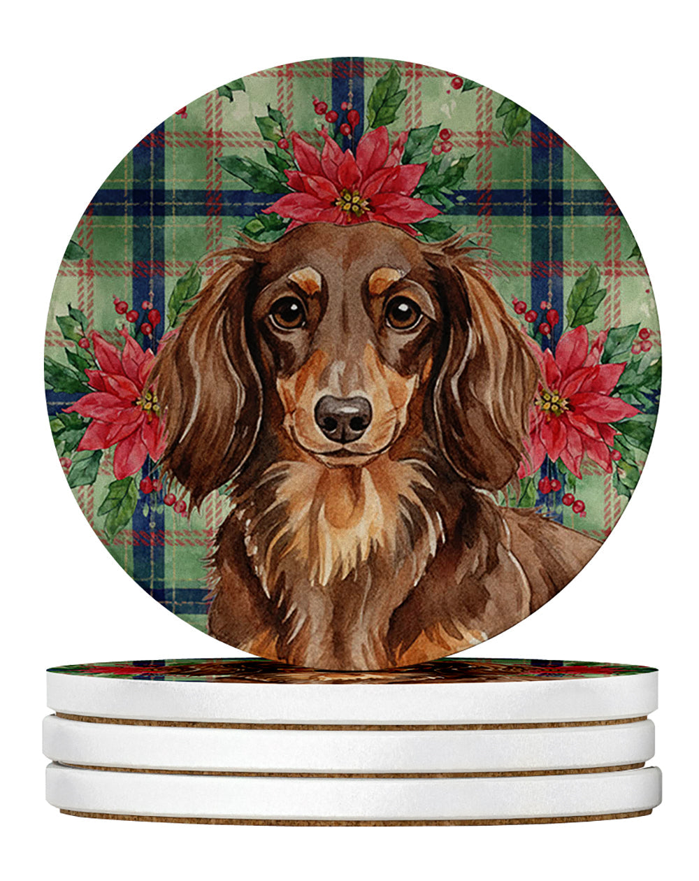 Longhaired Chocolate and Tan Dachshund Christmas PoinsettIas Large Sandstone Coasters Pack of 4 Absorbent Round Coasters Decor Gifts for Men or Women, 4 in, Multicolor