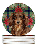 Longhaired Chocolate and Tan Dachshund Christmas PoinsettIas Large Sandstone Coasters Pack of 4 Absorbent Round Coasters Decor Gifts for Men or Women, 4 in, Multicolor