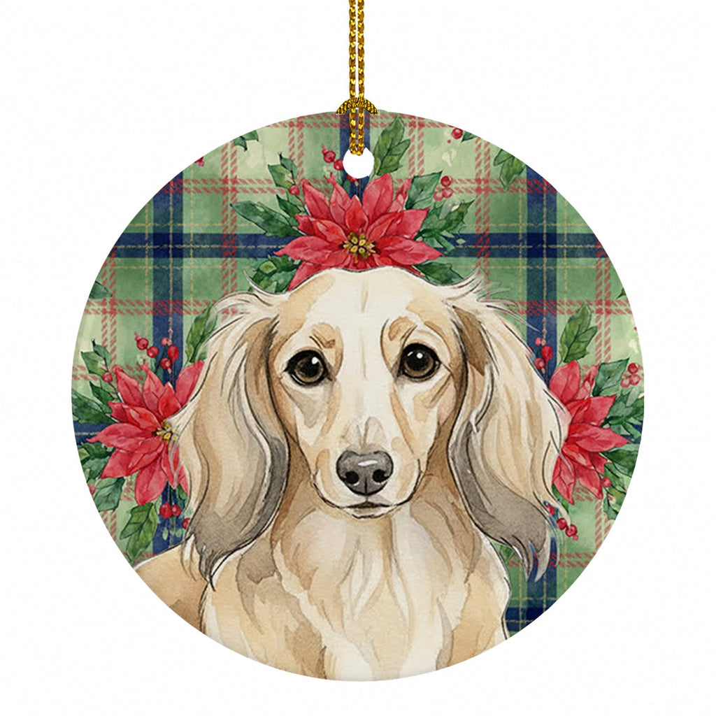 Longhaired Cream Dachshund Christmas PoinsettIas Ceramic Ornament Christmas Tree Hanging Decorations for Home Christmas Holiday, Party, Gift, 3 in, Multicolor