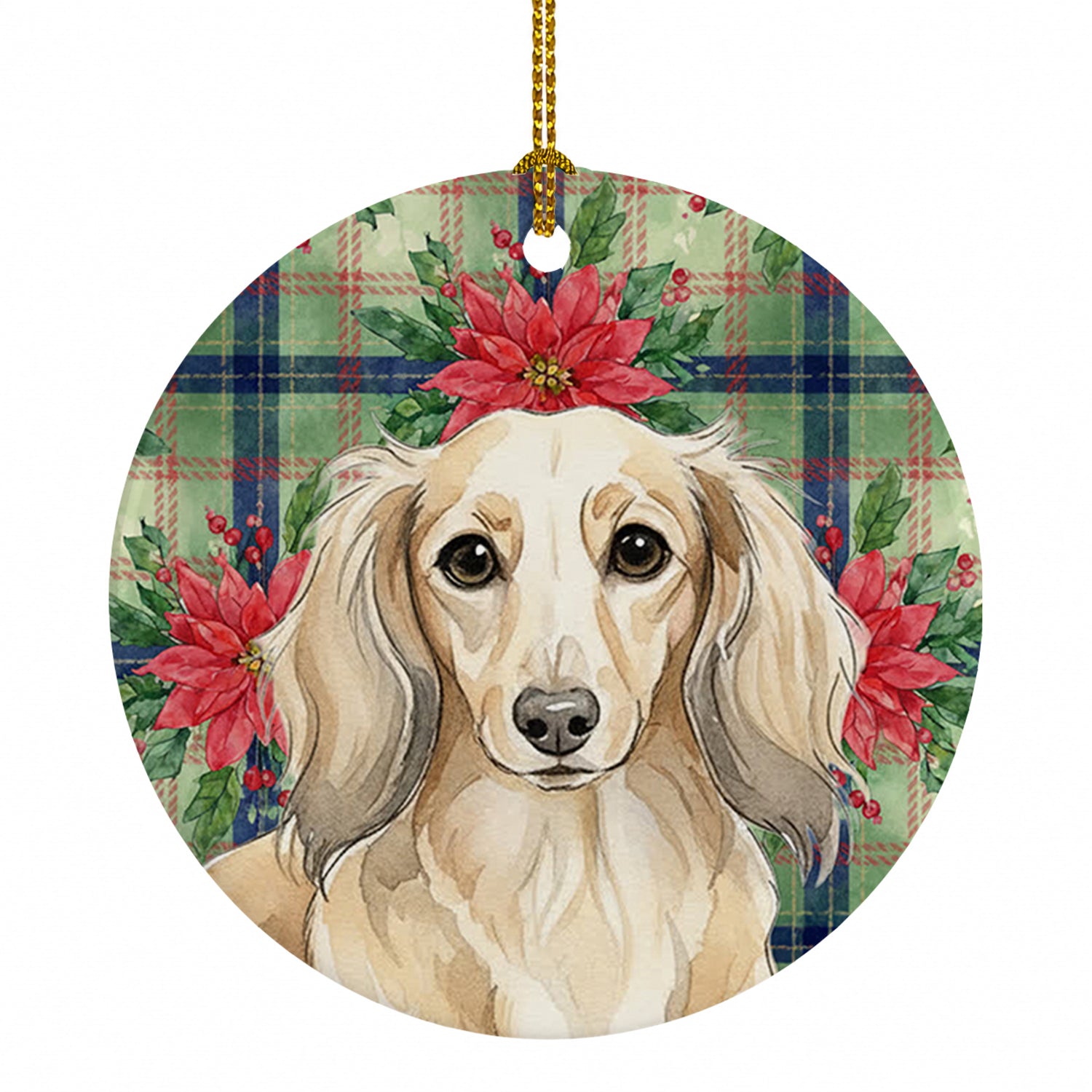 Longhaired Cream Dachshund Christmas PoinsettIas Ceramic Ornament Christmas Tree Hanging Decorations for Home Christmas Holiday, Party, Gift, 3 in, Multicolor