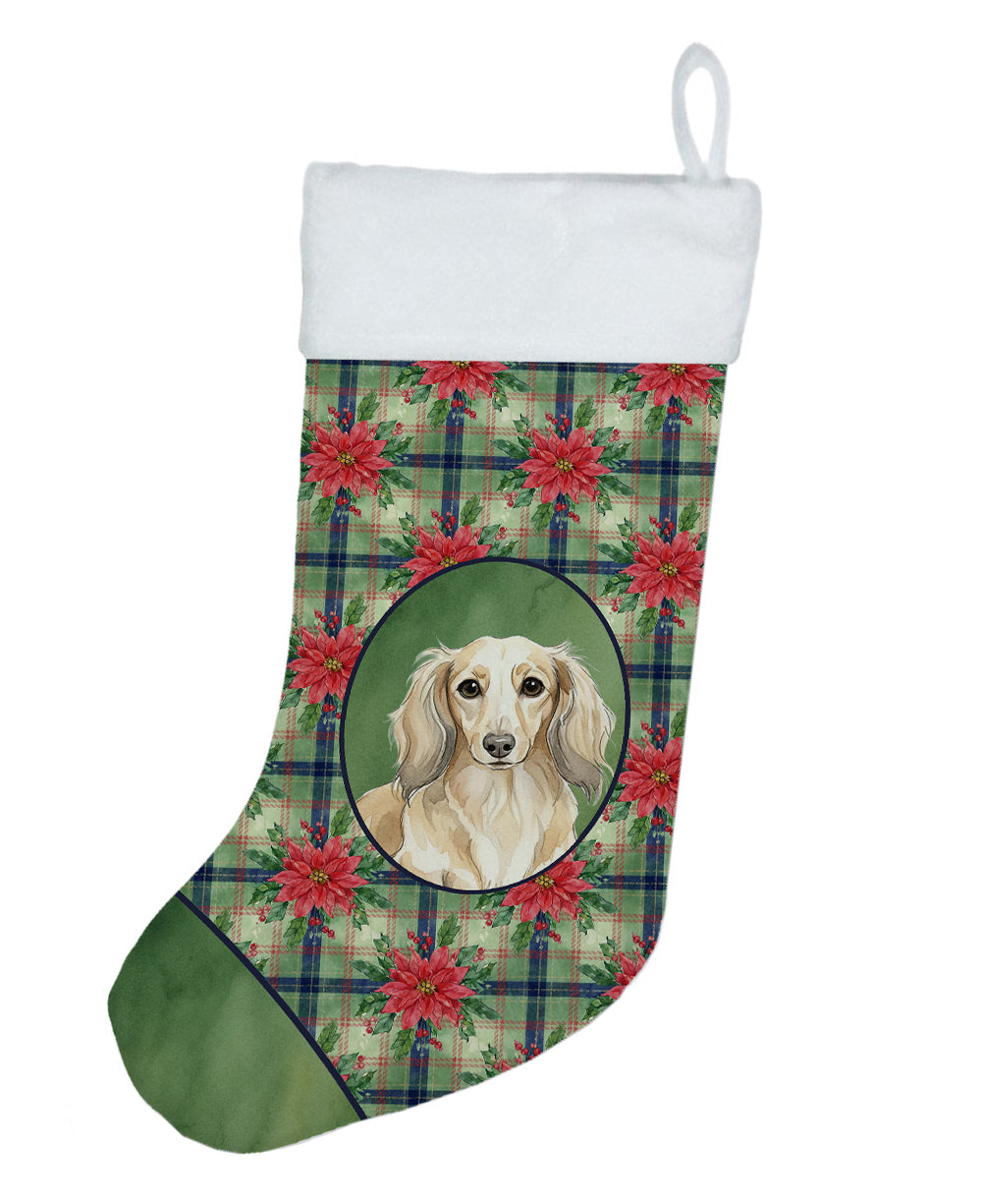 Longhaired Cream Dachshund Christmas PoinsettIas Holiday Stocking Double-Sided Print, Polyester Suede,11x18, Made in USA