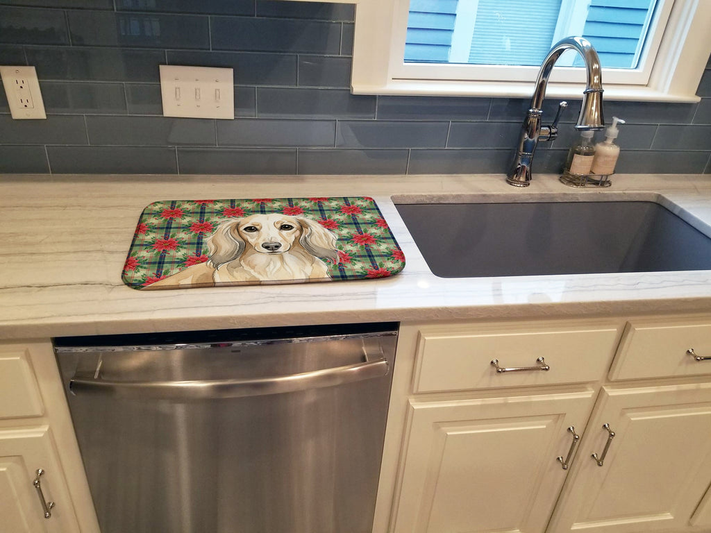 Longhaired Cream Dachshund Christmas PoinsettIas Dish Drying Mat Absorbent Dish Drying Mat Pad for Kitchen Counter Dish Drainer Mat for Countertop, 14 x 21", Multicolor