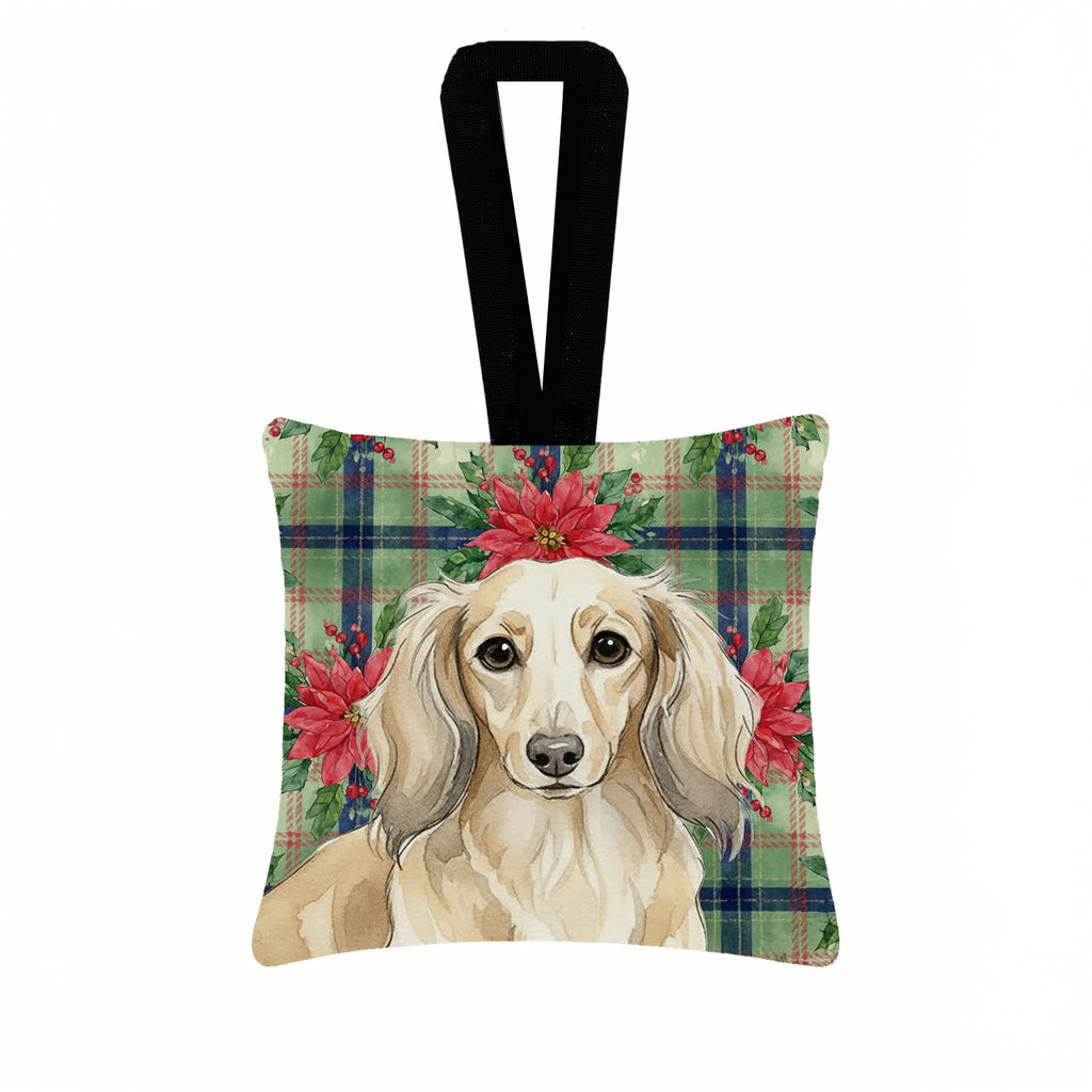 Longhaired Cream Dachshund Christmas PoinsettIas Hanging Square Fabric Ornament 3.5 � 3.5 Decorative Door-Knob & Tree Hanger, Soft Fabric