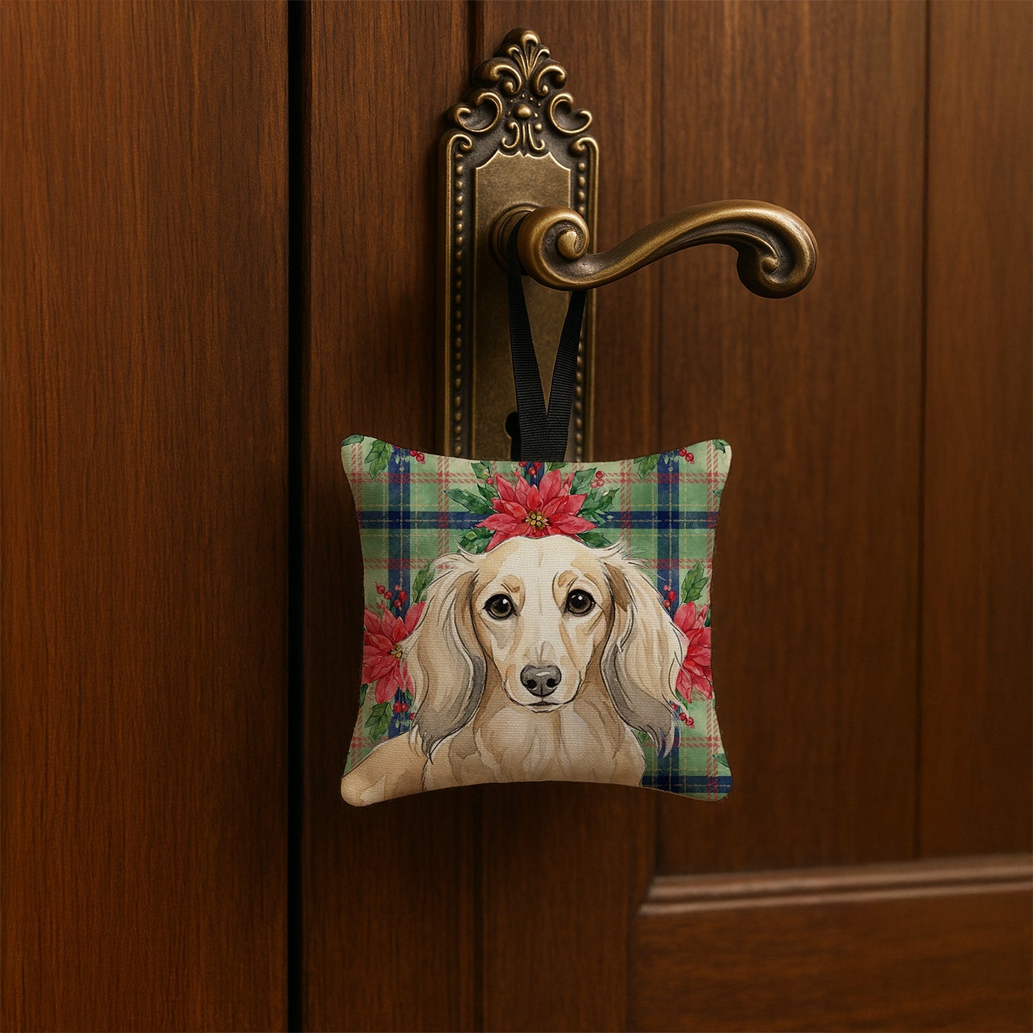 Longhaired Cream Dachshund Christmas PoinsettIas Hanging Square Fabric Ornament 3.5 � 3.5 Decorative Door-Knob & Tree Hanger, Soft Fabric