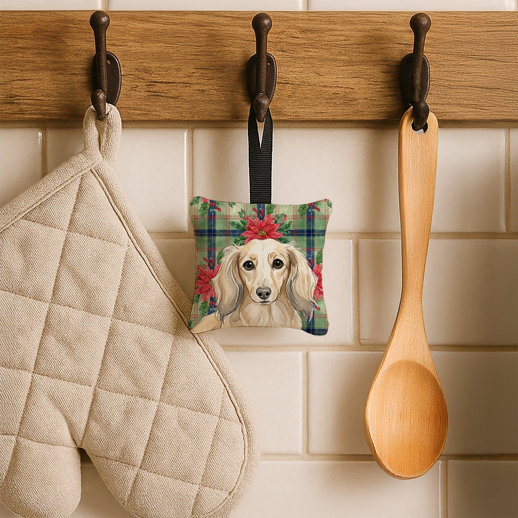 Longhaired Cream Dachshund Christmas PoinsettIas Hanging Square Fabric Ornament 3.5 � 3.5 Decorative Door-Knob & Tree Hanger, Soft Fabric
