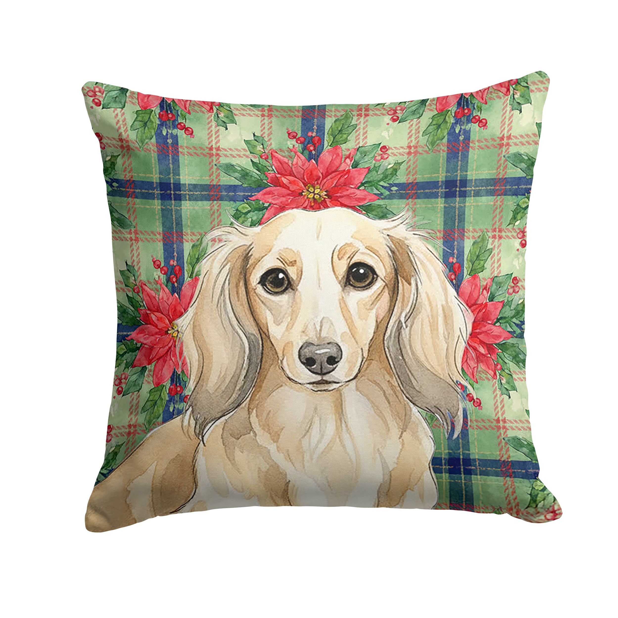 Longhaired Cream Dachshund Christmas PoinsettIas Decorative Throw Pillow 14x14 Indoor Outdoor Accent Cushion, Fabric Cover with Insert for Sofa, Bed, Porch & Living Room