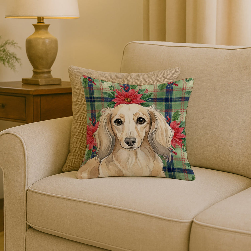 Longhaired Cream Dachshund Christmas PoinsettIas Decorative Throw Pillow 18x18 Indoor Outdoor Accent Cushion, Fabric Cover with Insert for Sofa, Bed, Porch & Living Room