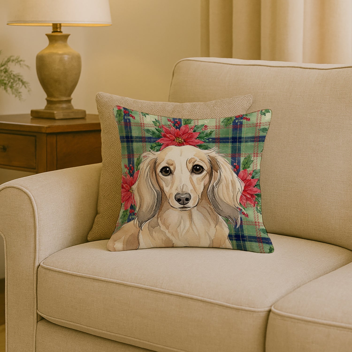 Longhaired Cream Dachshund Christmas PoinsettIas Decorative Throw Pillow 18x18 Indoor Outdoor Accent Cushion, Fabric Cover with Insert for Sofa, Bed, Porch & Living Room