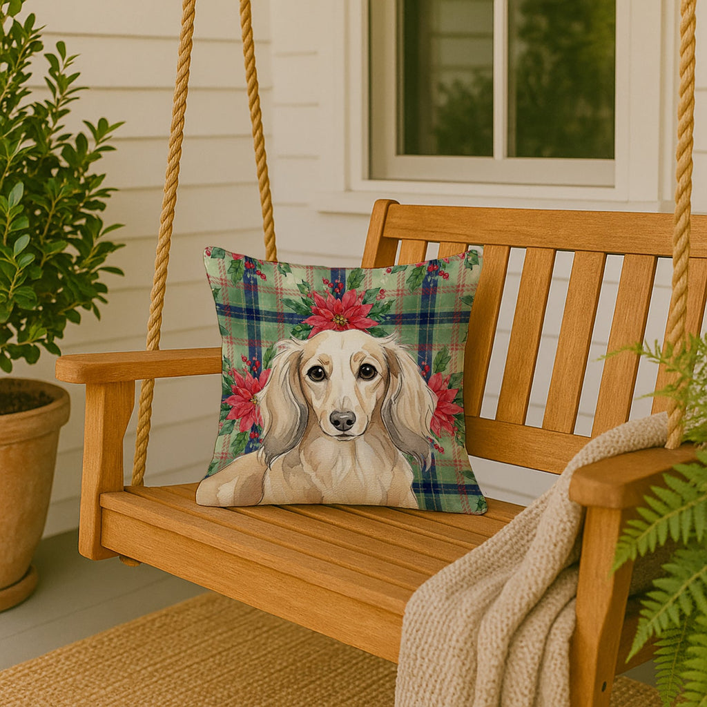 Longhaired Cream Dachshund Christmas PoinsettIas Decorative Throw Pillow 18x18 Indoor Outdoor Accent Cushion, Fabric Cover with Insert for Sofa, Bed, Porch & Living Room