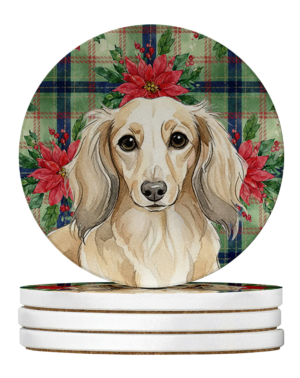 Longhaired Cream Dachshund Christmas PoinsettIas Large Sandstone Coasters Pack of 4 Absorbent Round Coasters Decor Gifts for Men or Women, 4 in, Multicolor