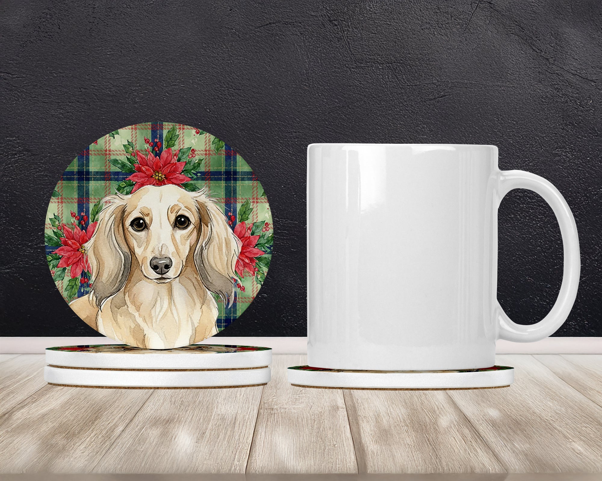 Longhaired Cream Dachshund Christmas PoinsettIas Large Sandstone Coasters Pack of 4 Absorbent Round Coasters Decor Gifts for Men or Women, 4 in, Multicolor