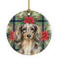 Longhaired Dapple Dachshund Christmas PoinsettIas Ceramic Ornament Christmas Tree Hanging Decorations for Home Christmas Holiday, Party, Gift, 3 in, Multicolor