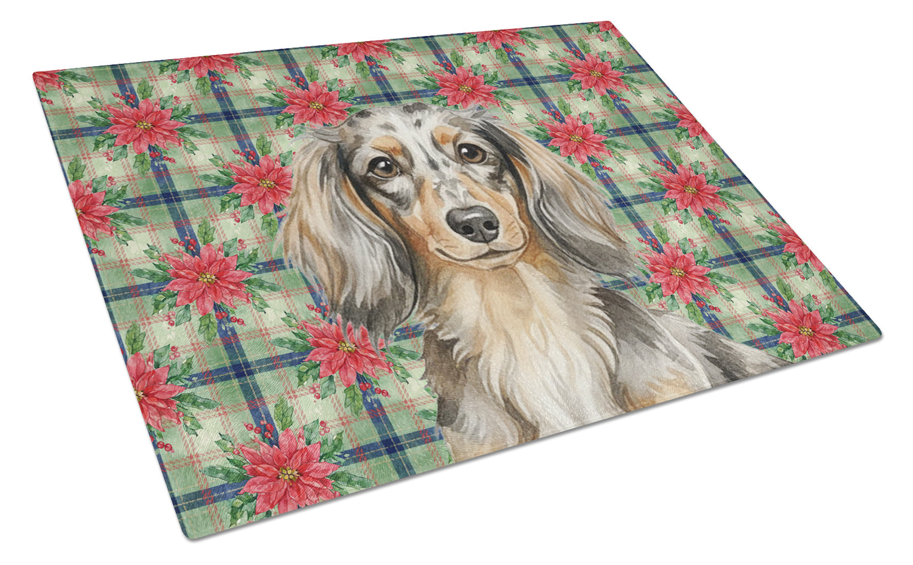 Longhaired Dapple Dachshund Christmas PoinsettIas Cutting Board Tempered Glass Kitchen Cutting Surface, Heat Resistant Chopping, Non-Slip Feet, Food Prep & Serving