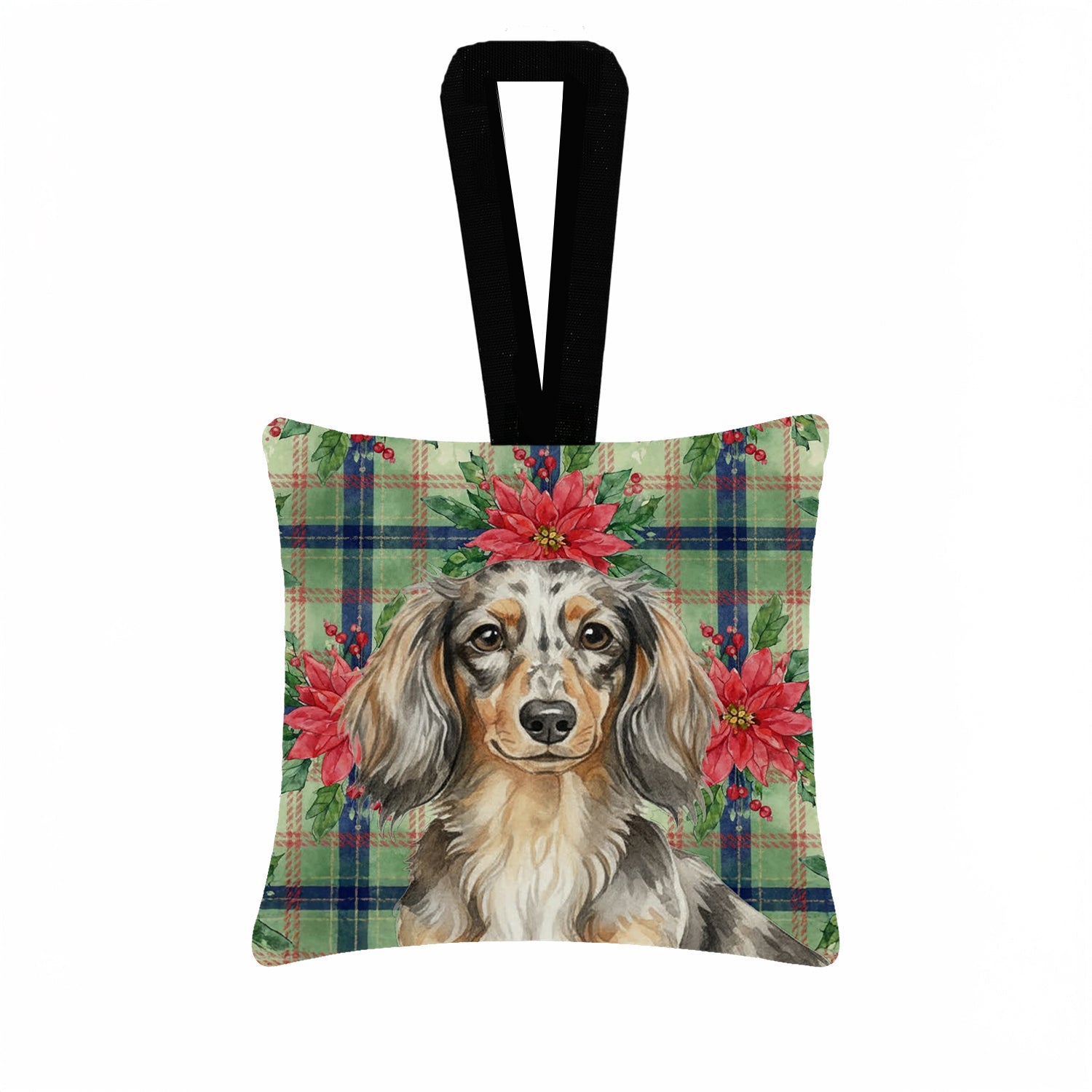 Longhaired Dapple Dachshund Christmas PoinsettIas Hanging Square Fabric Ornament 3.5 � 3.5 Decorative Door-Knob & Tree Hanger, Soft Fabric