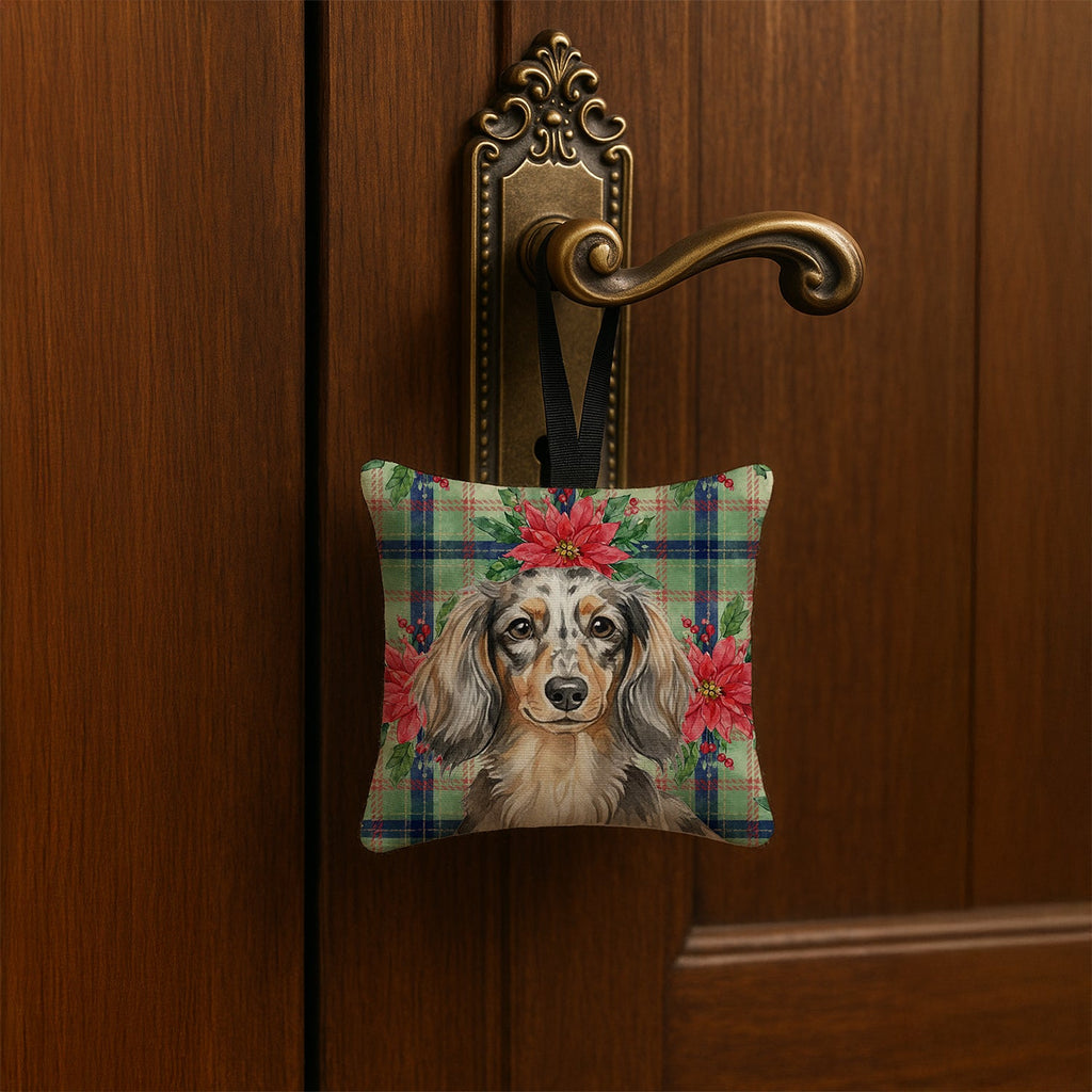 Longhaired Dapple Dachshund Christmas PoinsettIas Hanging Square Fabric Ornament 3.5 � 3.5 Decorative Door-Knob & Tree Hanger, Soft Fabric