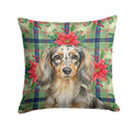 Longhaired Dapple Dachshund Christmas PoinsettIas Decorative Throw Pillow 14x14 Indoor Outdoor Accent Cushion, Fabric Cover with Insert for Sofa, Bed, Porch & Living Room