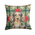 Longhaired Dapple Dachshund Christmas PoinsettIas Decorative Throw Pillow 18x18 Indoor Outdoor Accent Cushion, Fabric Cover with Insert for Sofa, Bed, Porch & Living Room