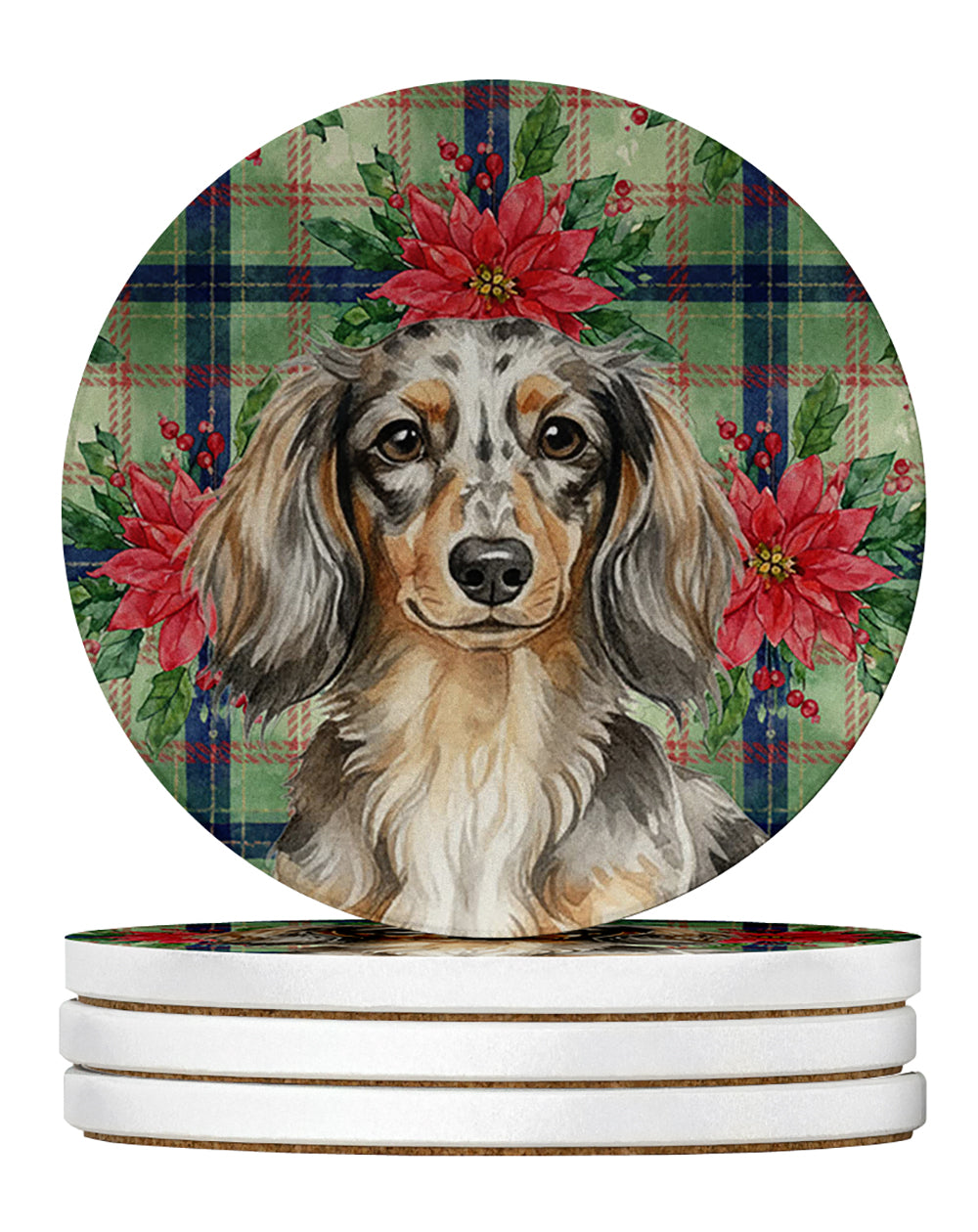 Longhaired Dapple Dachshund Christmas PoinsettIas Large Sandstone Coasters Pack of 4 Absorbent Round Coasters Decor Gifts for Men or Women, 4 in, Multicolor