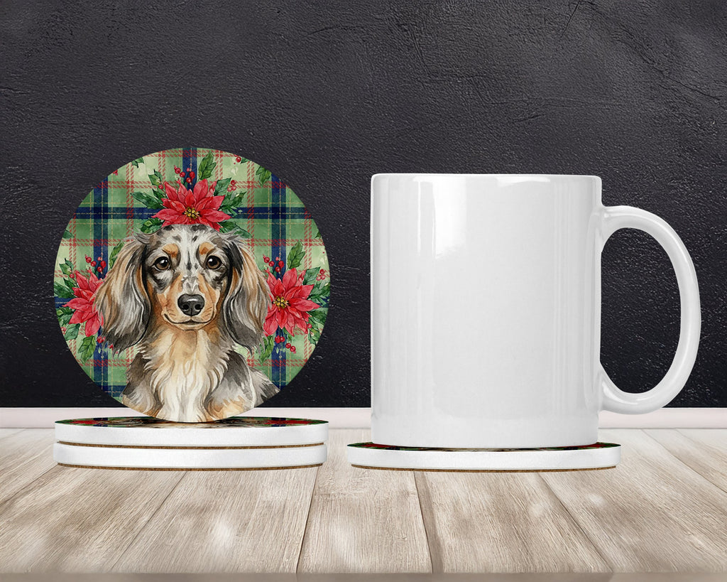 Longhaired Dapple Dachshund Christmas PoinsettIas Large Sandstone Coasters Pack of 4 Absorbent Round Coasters Decor Gifts for Men or Women, 4 in, Multicolor