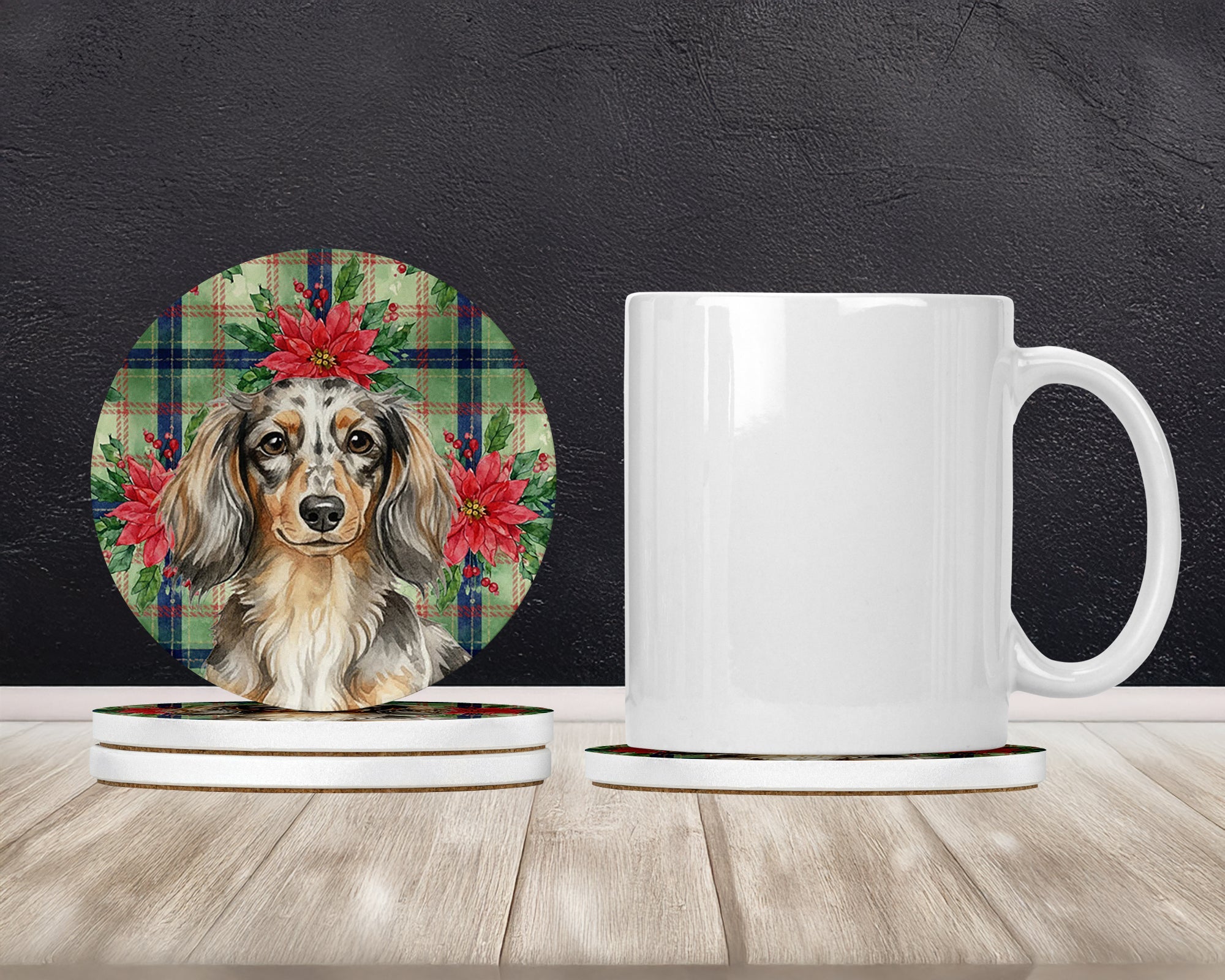 Longhaired Dapple Dachshund Christmas PoinsettIas Large Sandstone Coasters Pack of 4 Absorbent Round Coasters Decor Gifts for Men or Women, 4 in, Multicolor