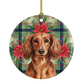 Longhaired Red Dachshund Christmas PoinsettIas Ceramic Ornament Christmas Tree Hanging Decorations for Home Christmas Holiday, Party, Gift, 3 in, Multicolor