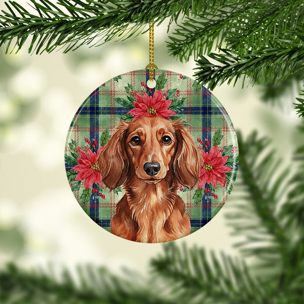 Longhaired Red Dachshund Christmas PoinsettIas Ceramic Ornament Christmas Tree Hanging Decorations for Home Christmas Holiday, Party, Gift, 3 in, Multicolor