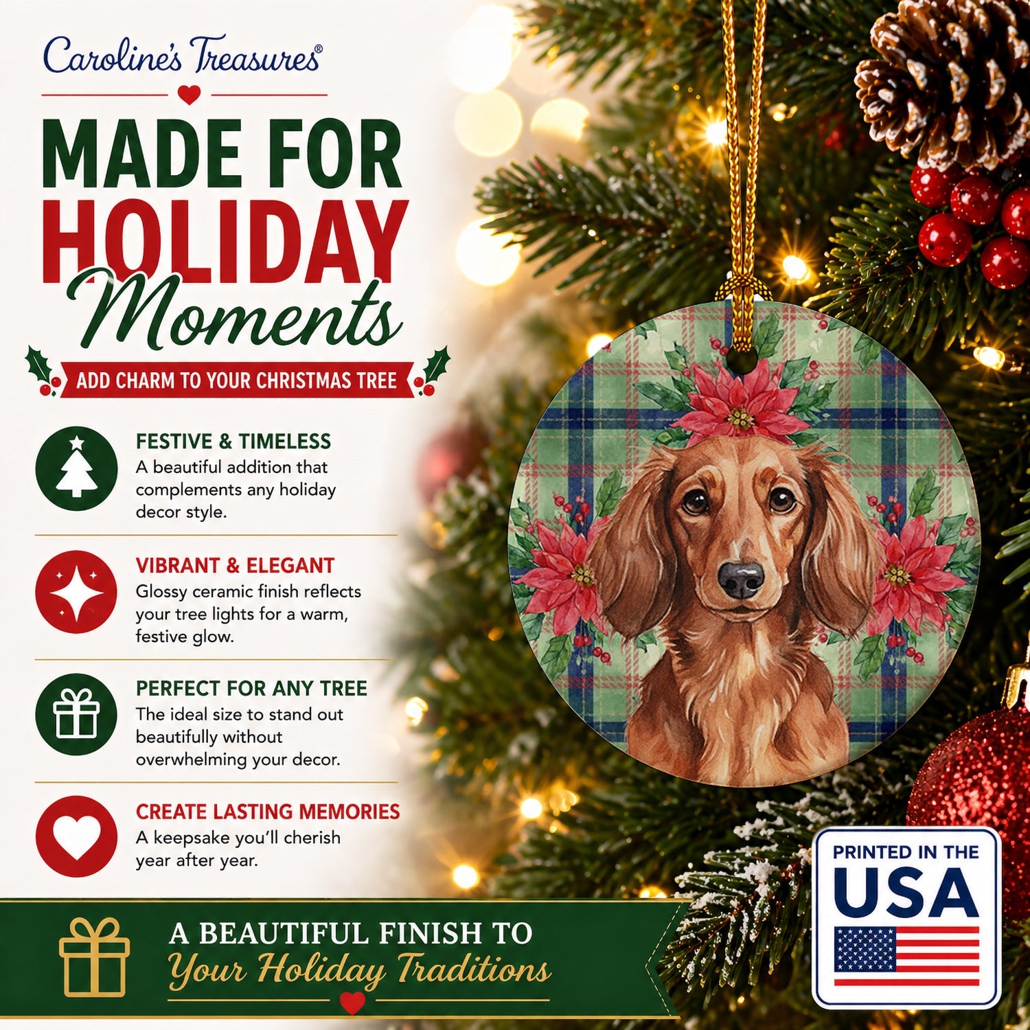 Longhaired Red Dachshund Christmas PoinsettIas Ceramic Ornament Christmas Tree Hanging Decorations for Home Christmas Holiday, Party, Gift, 3 in, Multicolor