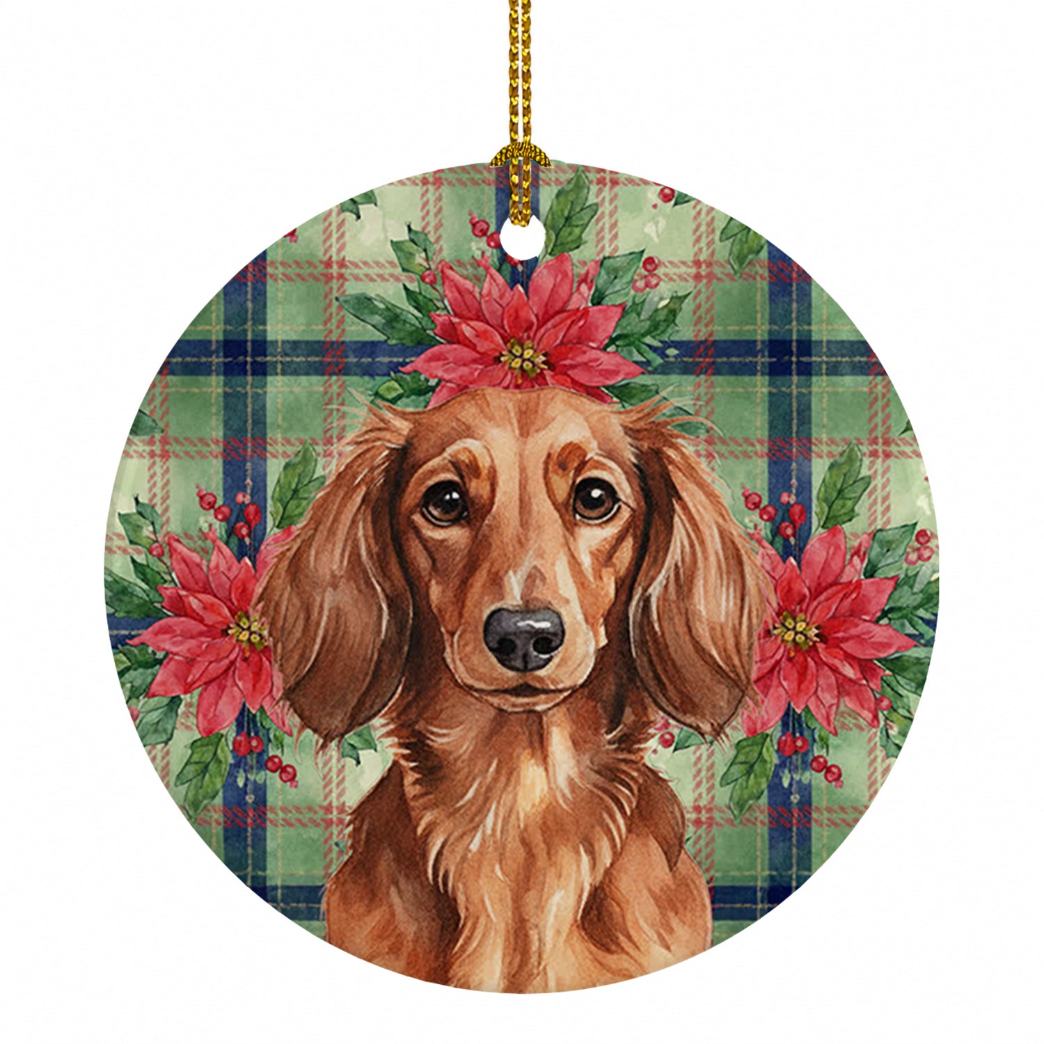 Longhaired Red Dachshund Christmas PoinsettIas Ceramic Ornament Christmas Tree Hanging Decorations for Home Christmas Holiday, Party, Gift, 3 in, Multicolor