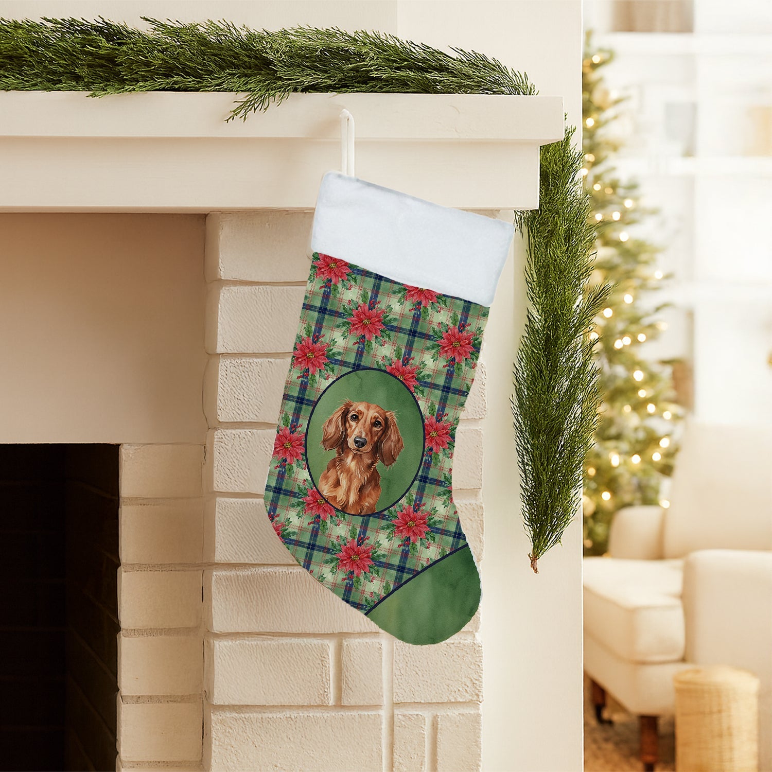 Longhaired Red Dachshund Christmas PoinsettIas Holiday Stocking Double-Sided Print, Polyester Suede,11x18, Made in USA