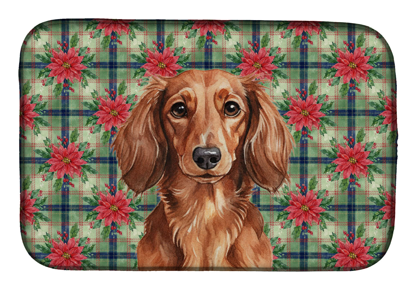 Longhaired Red Dachshund Christmas PoinsettIas Dish Drying Mat Absorbent Dish Drying Mat Pad for Kitchen Counter Dish Drainer Mat for Countertop, 14 x 21", Multicolor
