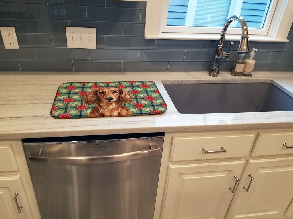 Longhaired Red Dachshund Christmas PoinsettIas Dish Drying Mat Absorbent Dish Drying Mat Pad for Kitchen Counter Dish Drainer Mat for Countertop, 14 x 21", Multicolor