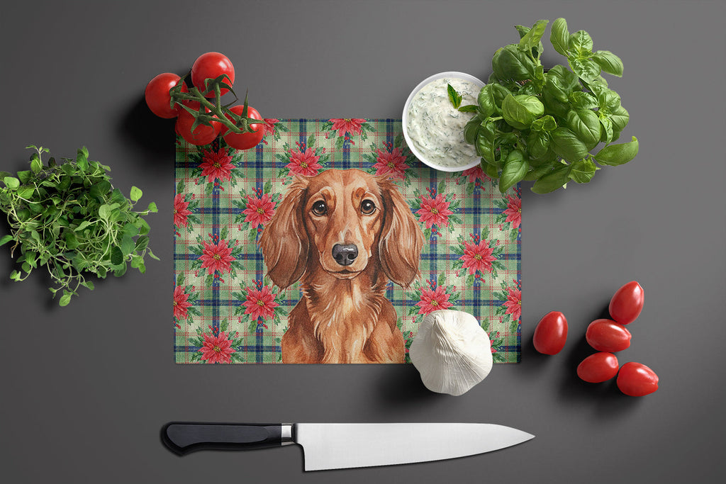 Longhaired Red Dachshund Christmas PoinsettIas Cutting Board Tempered Glass Kitchen Cutting Surface, Heat Resistant Chopping, Non-Slip Feet, Food Prep & Serving