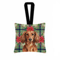 Longhaired Red Dachshund Christmas PoinsettIas Hanging Square Fabric Ornament 3.5 � 3.5 Decorative Door-Knob & Tree Hanger, Soft Fabric