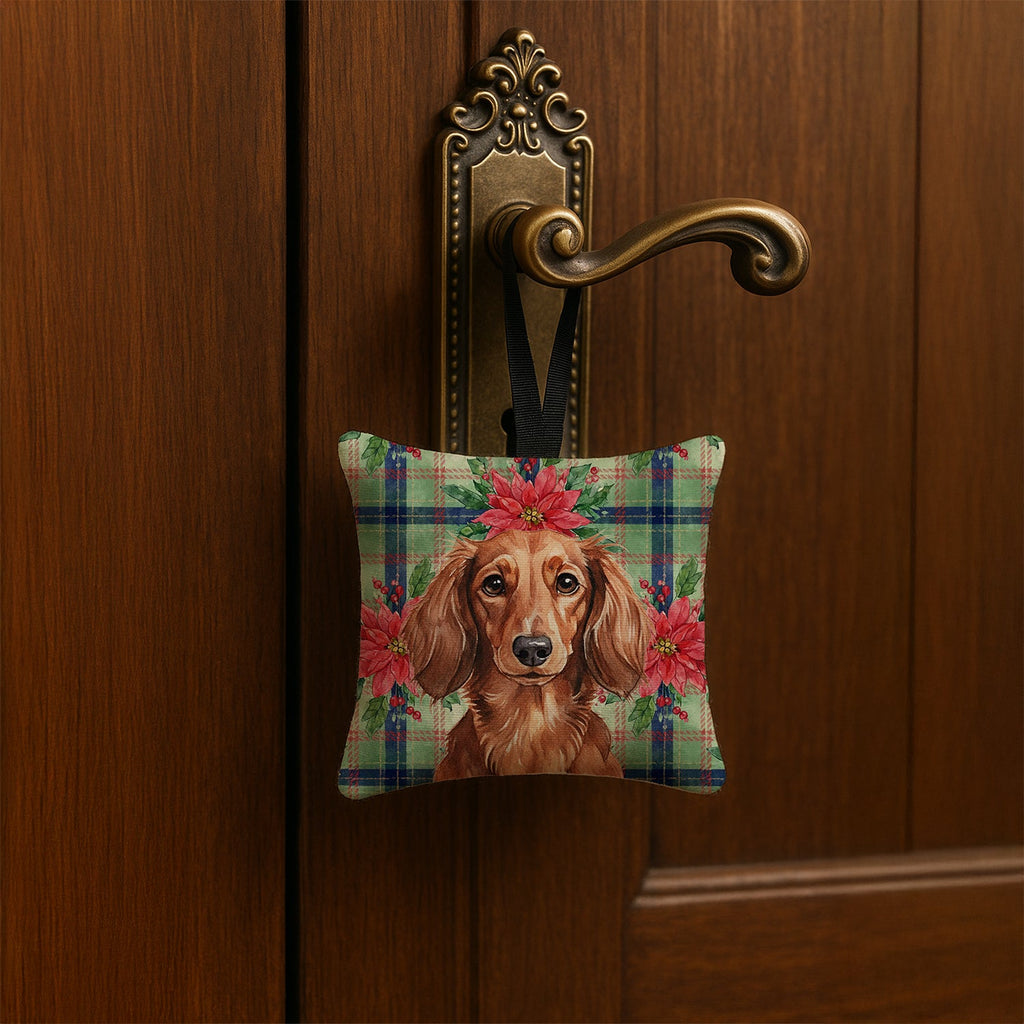 Longhaired Red Dachshund Christmas PoinsettIas Hanging Square Fabric Ornament 3.5 � 3.5 Decorative Door-Knob & Tree Hanger, Soft Fabric