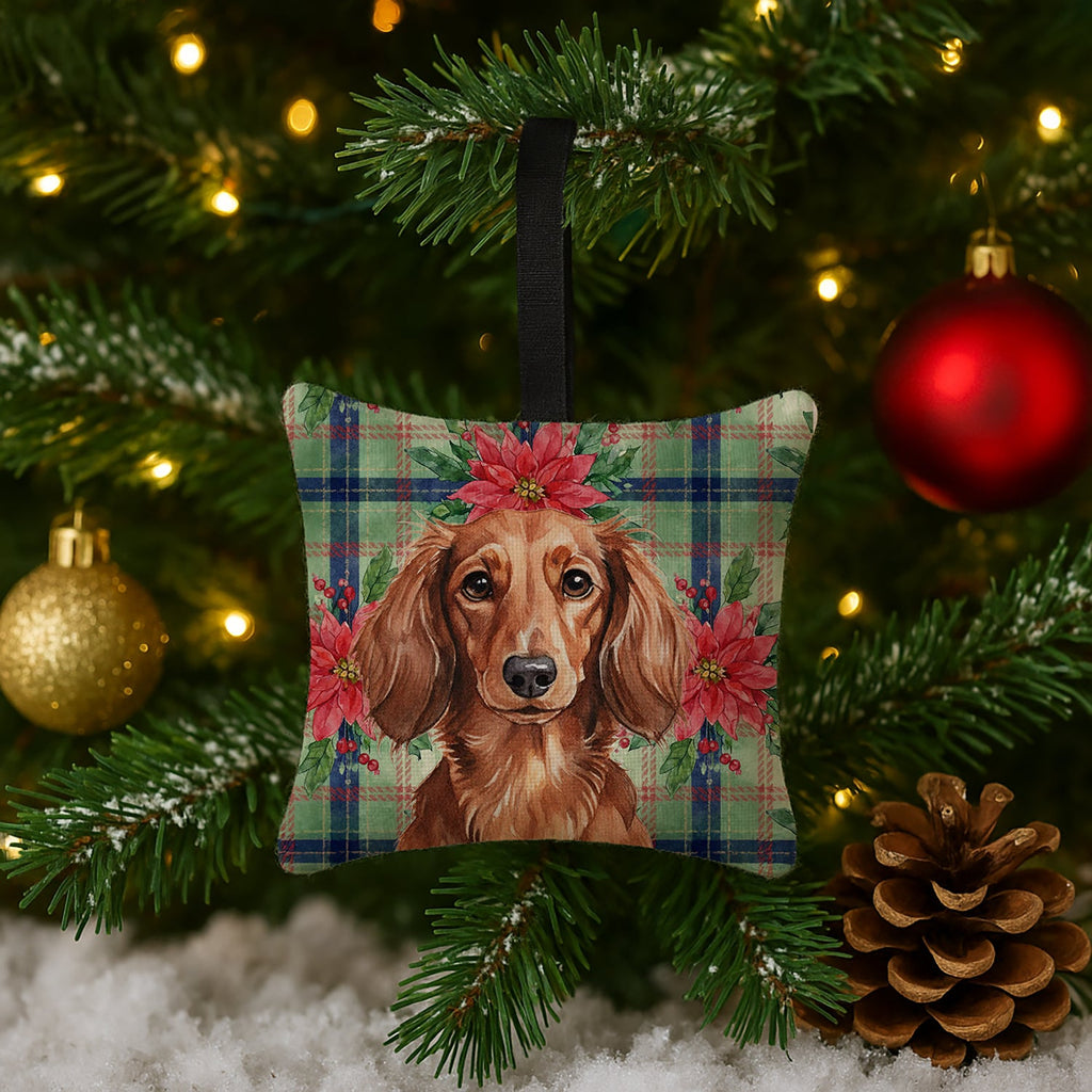 Longhaired Red Dachshund Christmas PoinsettIas Hanging Square Fabric Ornament 3.5 � 3.5 Decorative Door-Knob & Tree Hanger, Soft Fabric