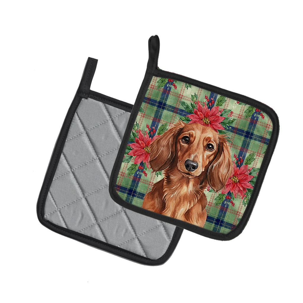 Longhaired Red Dachshund Christmas PoinsettIas Pot Holder Set of 2 Heat Resistant Quilted Hot Pads 7.5 x 7.5 Inch, Insulated Kitchen Trivets for Cooking & Baking