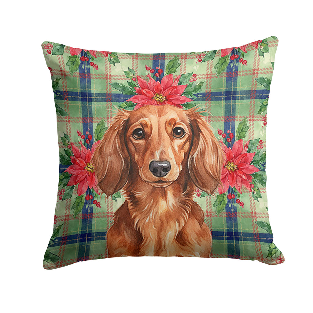 Longhaired Red Dachshund Christmas PoinsettIas Decorative Throw Pillow 14x14 Indoor Outdoor Accent Cushion, Fabric Cover with Insert for Sofa, Bed, Porch & Living Room
