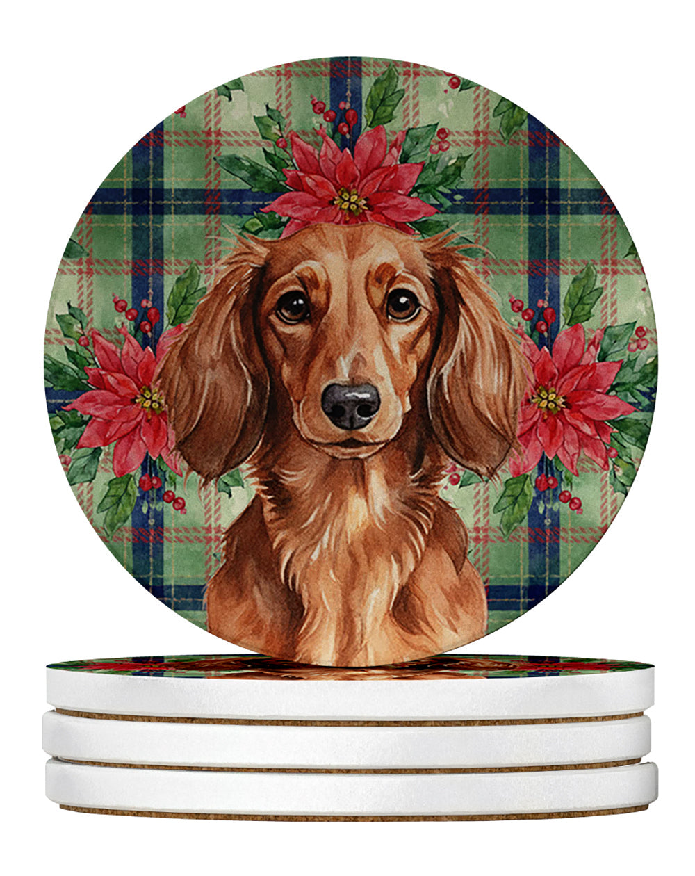 Longhaired Red Dachshund Christmas PoinsettIas Large Sandstone Coasters Pack of 4 Absorbent Round Coasters Decor Gifts for Men or Women, 4 in, Multicolor