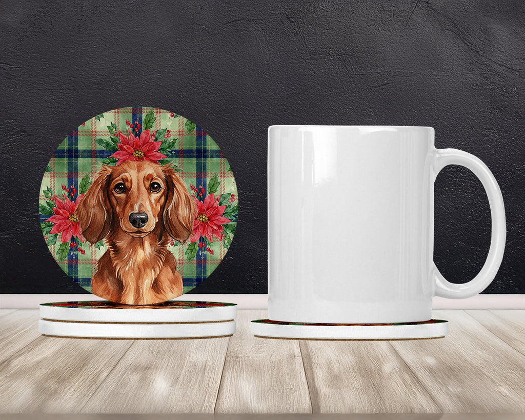 Longhaired Red Dachshund Christmas PoinsettIas Large Sandstone Coasters Pack of 4 Absorbent Round Coasters Decor Gifts for Men or Women, 4 in, Multicolor