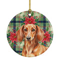 Red Brown Dachshund Christmas PoinsettIas Ceramic Ornament Christmas Tree Hanging Decorations for Home Christmas Holiday, Party, Gift, 3 in, Multicolor
