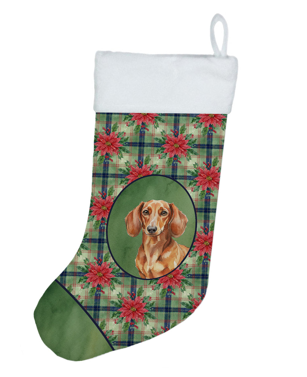 Red Brown Dachshund Christmas PoinsettIas Holiday Stocking Double-Sided Print, Polyester Suede,11x18, Made in USA