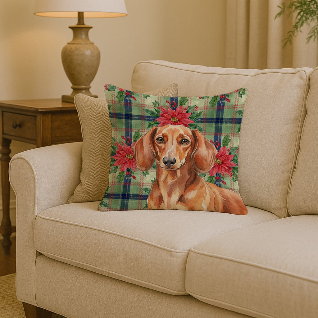Red Brown Dachshund Christmas PoinsettIas Decorative Throw Pillow 14x14 Indoor Outdoor Accent Cushion, Fabric Cover with Insert for Sofa, Bed, Porch & Living Room