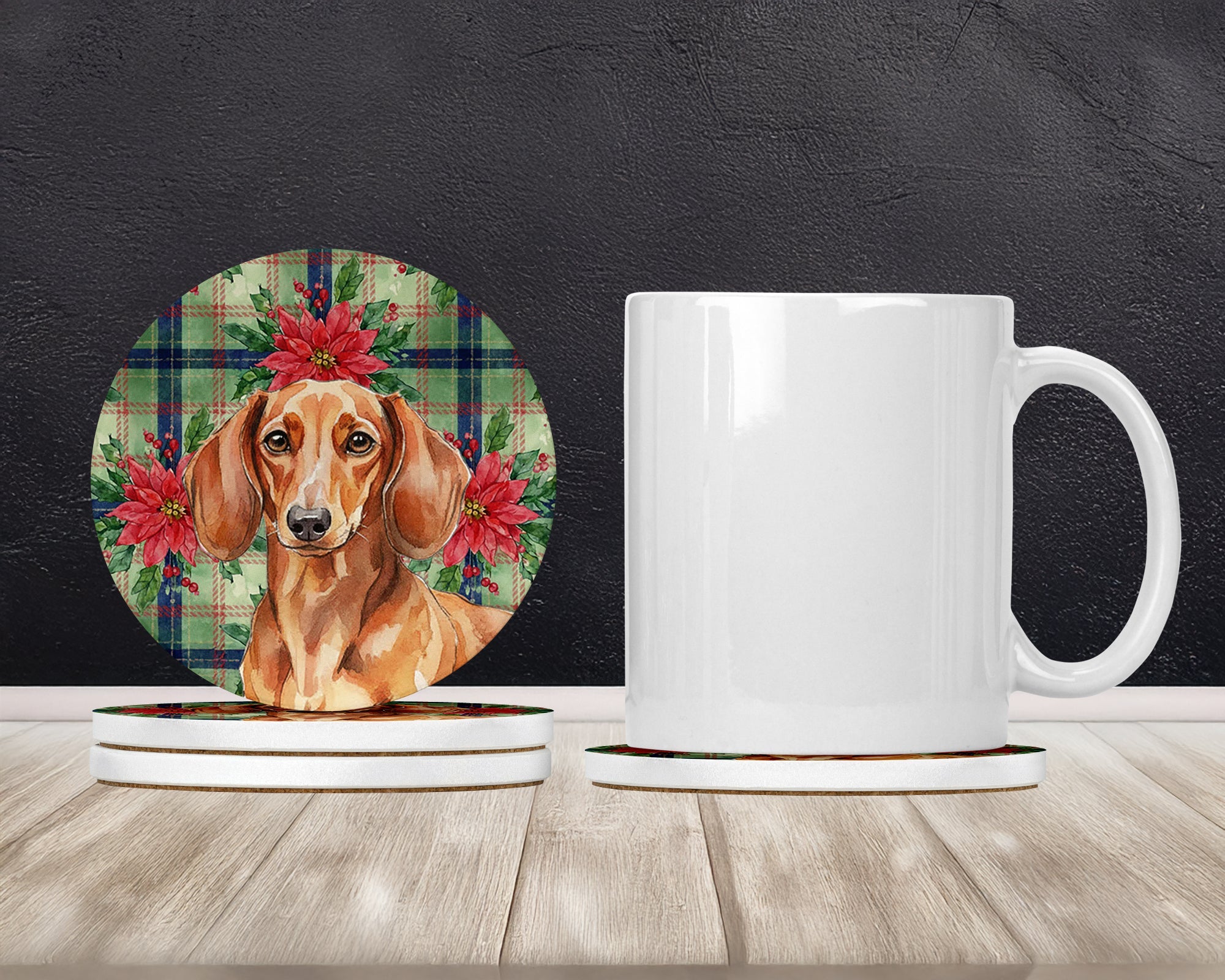 Red Brown Dachshund Christmas PoinsettIas Large Sandstone Coasters Pack of 4 Absorbent Round Coasters Decor Gifts for Men or Women, 4 in, Multicolor